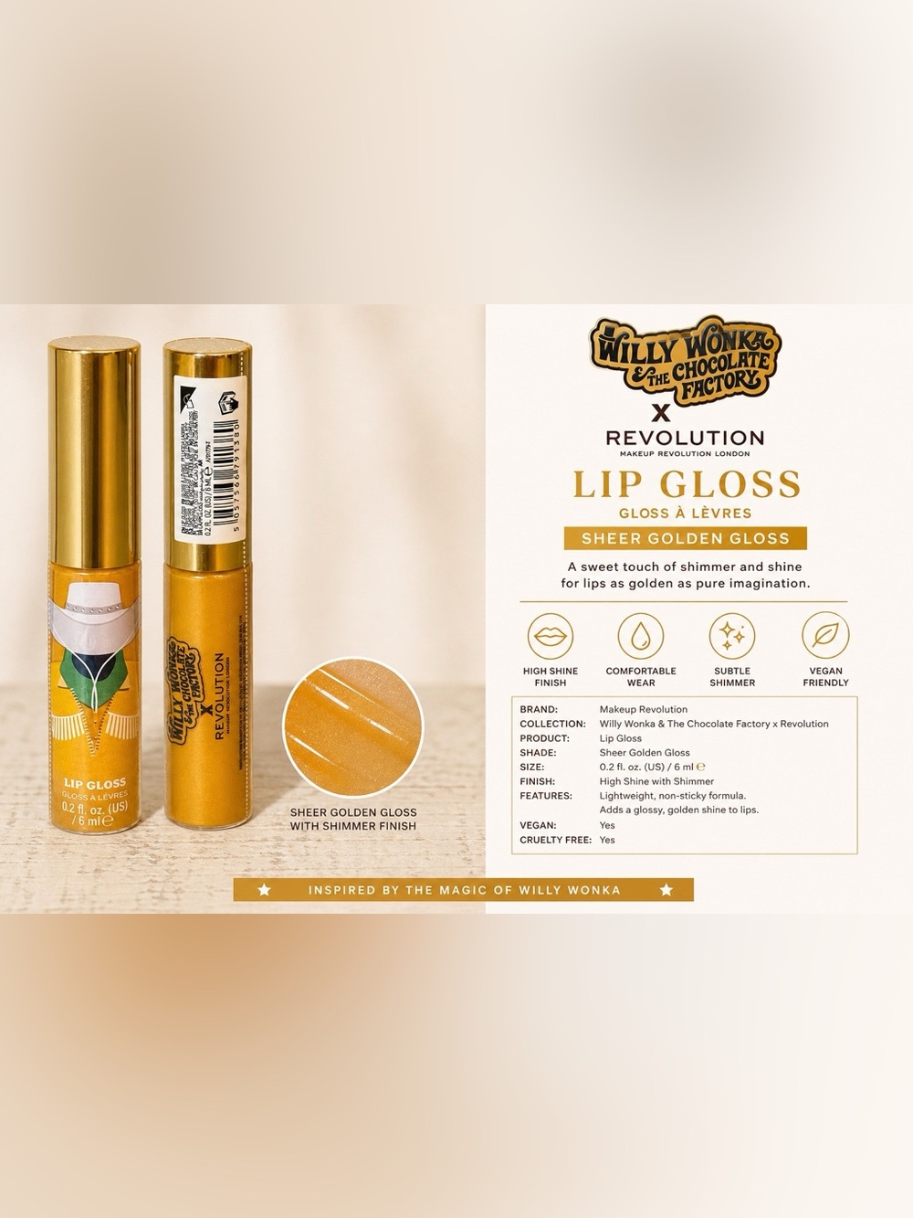 🍯 Revolution x Willy Wonka Lip Gloss – Sheer Golden Gloss ✨